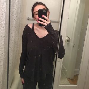 Grey Slit Shoulder Long Sleeve Top